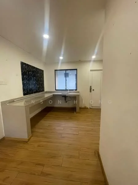 Kitchen features: laminate wood flooring, white painted walls, black stone backsplash, single-bowl stainless-steel sink, chrome pull-down faucet, kitchen countertop, window with view to outside, door leading outside, recessed LED downlights; style: modern.