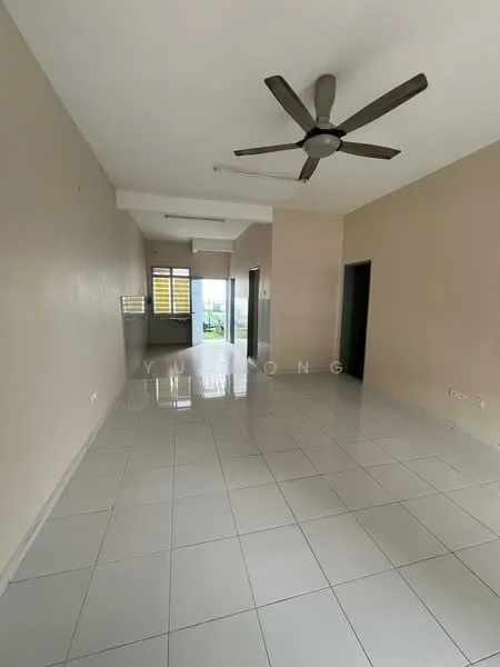 Living features: white painted walls, glossy ceramic tile flooring, 5-blade ceiling fan, large windows, sliding glass door, neutral color scheme, open layout, natural light, high ceiling; style: modern; view: garden.