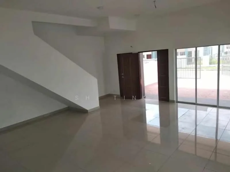 Room features: white painted walls, polished ceramic tile flooring, large glass sliding door, double wooden door, staircase with white wall, high ceiling, natural light from windows, open layout; style: modern; view: garden.