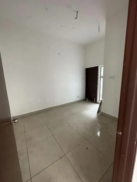 Room features: white painted walls, tile flooring, single door, window, no visible furniture, high ceiling, minimal decor, natural light from window; style: minimalist.