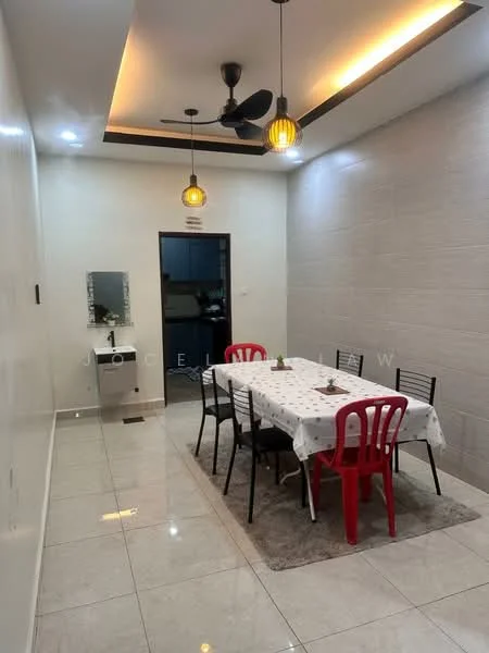 Dining features: rectangular dining table with white tablecloth, 6 black dining chairs with red accents, area rug under dining table, polished ceramic tile flooring, white painted walls, recessed ceiling lights, 5-blade ceiling fan with light, mirror on wall, doorway leading to kitchen, decorative plant on table; style: modern.