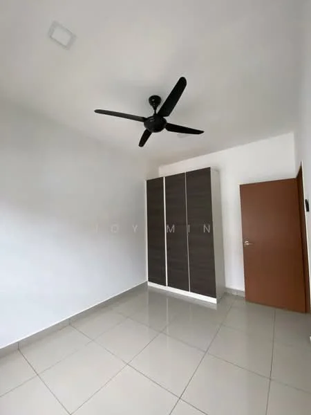Bedroom features: white painted walls, tile flooring, 5-blade ceiling fan, built-in wardrobe with sliding doors, brown wooden door.