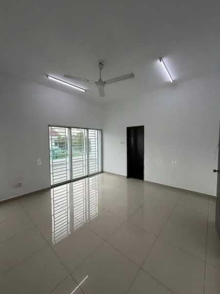 Room features: white painted walls, polished ceramic tile flooring, ceiling fan, sliding glass door, floor-to-ceiling windows, natural light, light fixtures, black door.