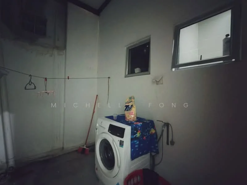 Laundry features: front-load washing machine, clothes drying rack, small window, white walls, tile flooring, blue tablecloth, red laundry basket, squeegee, broom.