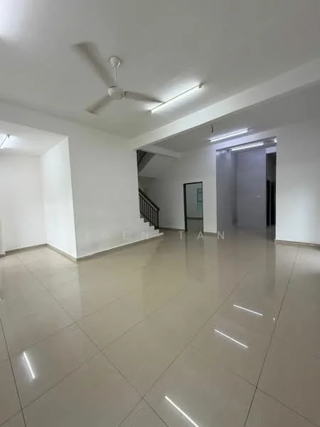 Room features: white painted walls, polished ceramic tile flooring, ceiling with fluorescent lights, ceiling fan, staircase in background, open layout, large windows, neutral color scheme; style: modern.