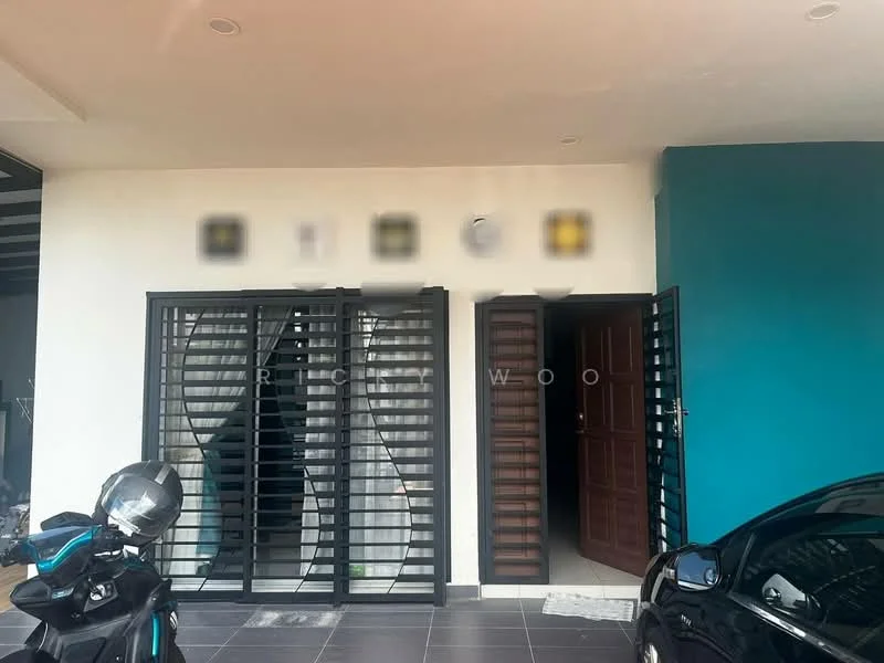 Exterior type: linked terrace house; features: black metal grille, double wooden doors, white painted facade, blue accent wall, tiled flooring, car porch, motorcycle parked, car parked, outdoor lighting; style: modern.
