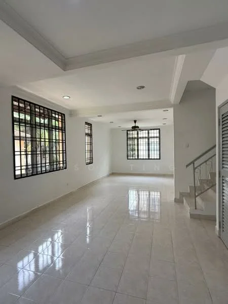 Living features: white painted walls, polished ceramic tile flooring, tray ceiling, 5-blade ceiling fan with light, floor-to-ceiling windows, sliding glass door, natural light from windows, staircase leading to upper level; style: modern; view: garden.
