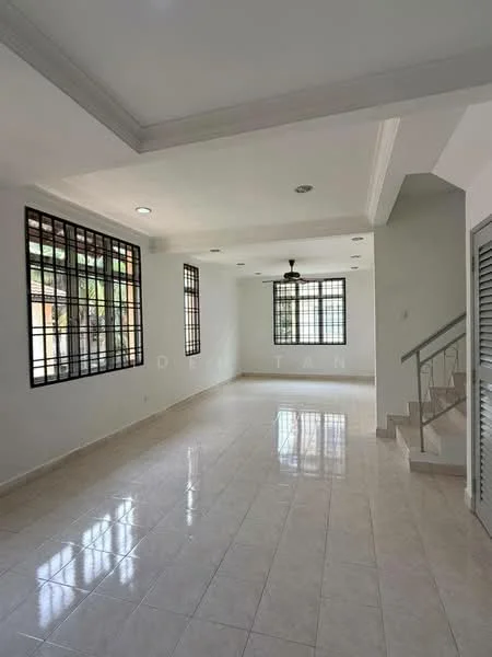 Living features: white painted walls, polished ceramic tile flooring, tray ceiling, 5-blade ceiling fan with light, floor-to-ceiling windows with metal grills, natural light from multiple windows, open layout, staircase leading to upper level; style: modern.