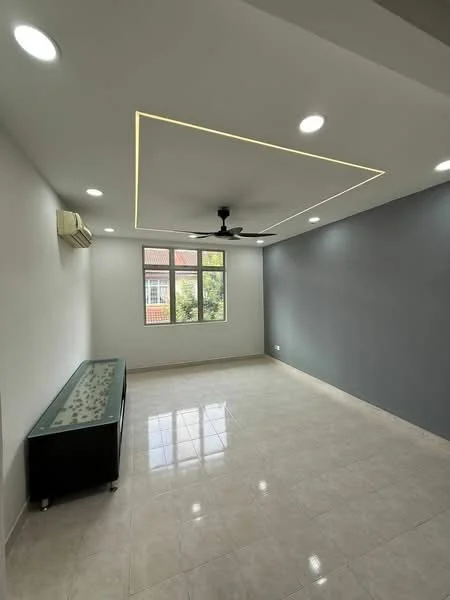 Living features: white painted walls, grey accent wall, polished ceramic tile flooring, recessed LED downlights, 5-blade ceiling fan with light, floor-to-ceiling window, air conditioning unit, glass coffee table, decorative ceiling design; style: modern; view: garden.