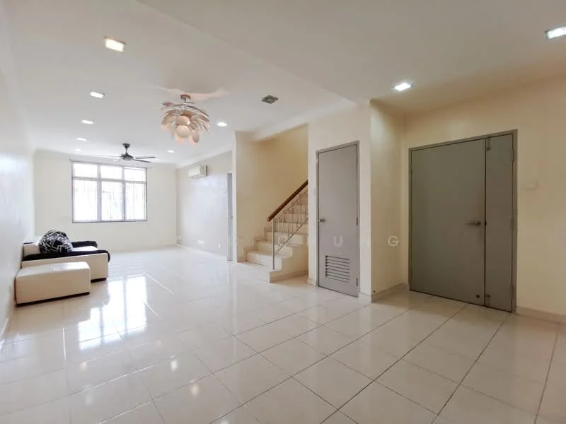 Living features: white painted walls, glossy ceramic tile flooring, 5-blade ceiling fan with light, recessed downlights, large window with sheer curtains, sofa in cream color, coffee table, staircase leading to upper floor, air conditioning unit, decorative wall paneling; style: modern.