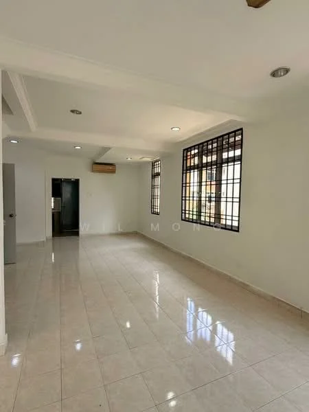 Living features: white painted walls, glossy ceramic tile flooring, recessed downlights, 1 wall-mounted split AC, large windows with metal grilles, open layout, neutral color scheme, crown moulding; style: modern.