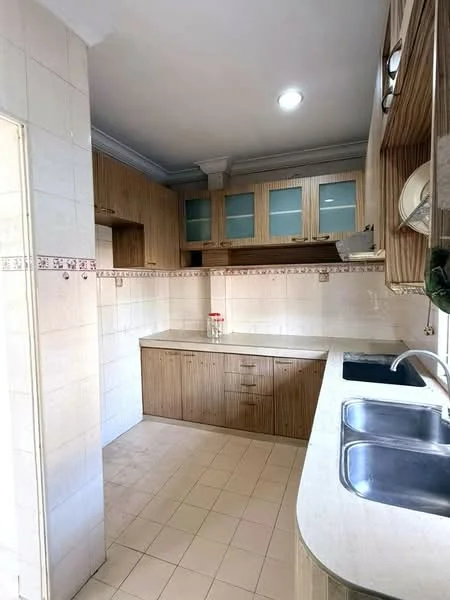Kitchen features: laminate cabinetry in wood finish, white countertop, double-bowl stainless-steel sink, chrome pull-down faucet, ceramic tile backsplash, built-in upper cabinets with glass panels, tile flooring, recessed downlights; style: modern.