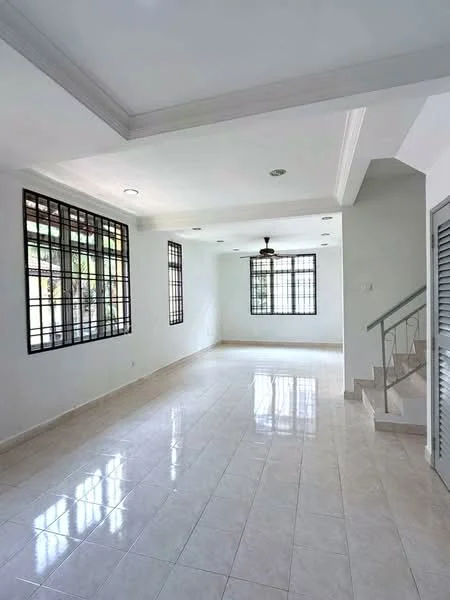 Living features: white painted walls, polished ceramic tile flooring, tray ceiling, recessed downlights, 5-blade ceiling fan, floor-to-ceiling windows, metal grilles on windows, staircase with railing; style: modern.