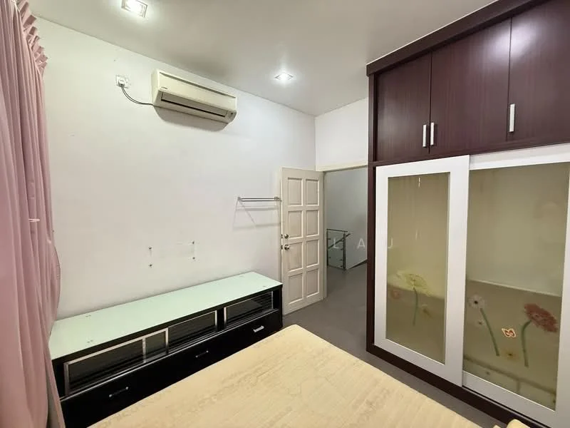 Bedroom features: cream painted walls, grey tiled flooring, built-in wardrobe with glass doors, black TV console, 1 wall-mounted split AC, recessed ceiling lights, curtains in pink, door leading to another room; style: modern.