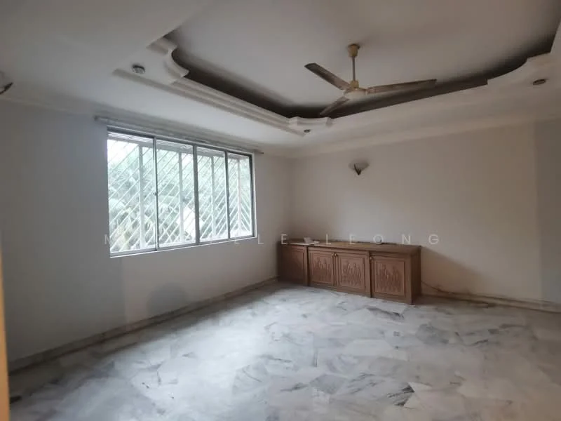 Living features: marble flooring, white painted walls, tray ceiling, ceiling fan, large windows with metal grilles, wooden cabinet, natural light, neutral color scheme; style: traditional.