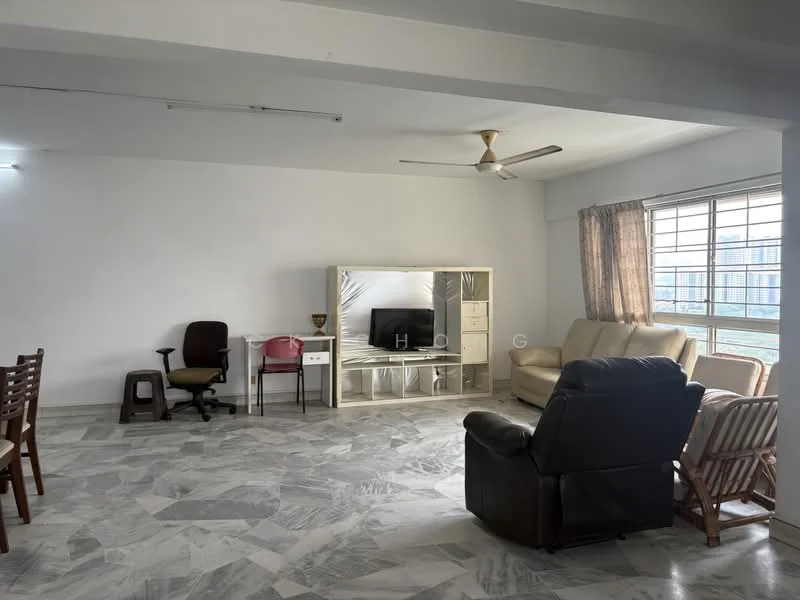 Living features: marble flooring, white painted walls, 5-blade ceiling fan, large windows with city view, sofa in cream color, armchair in brown leather, TV console with mirror, wall-mounted TV, dining table with wooden chairs, study desk with chair, curtains in beige, decorative wall unit; style: modern; view: city.