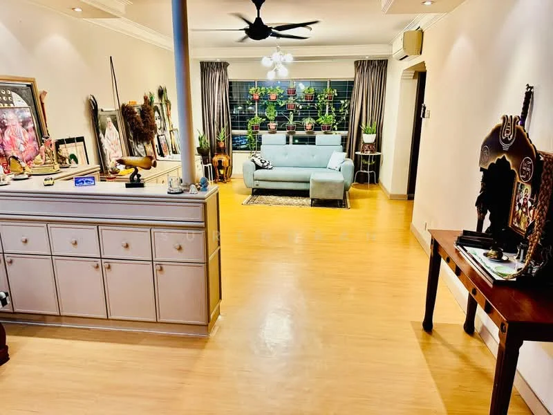 Living features: light wood laminate flooring, cream painted walls, 5-blade ceiling fan with light, sofa in light blue, coffee table, wall-mounted TV, decorative wall with plants, curtains in dark grey, artwork on walls, console table with decorative items; style: modern.