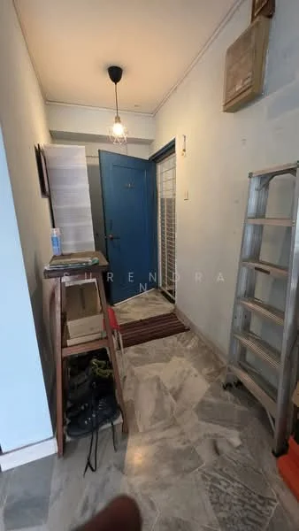 Room features: marble flooring, light blue painted walls, wooden door with blue paint, hanging pendant light, metal ladder, wooden shelf, shoe rack, doormat; style: modern.