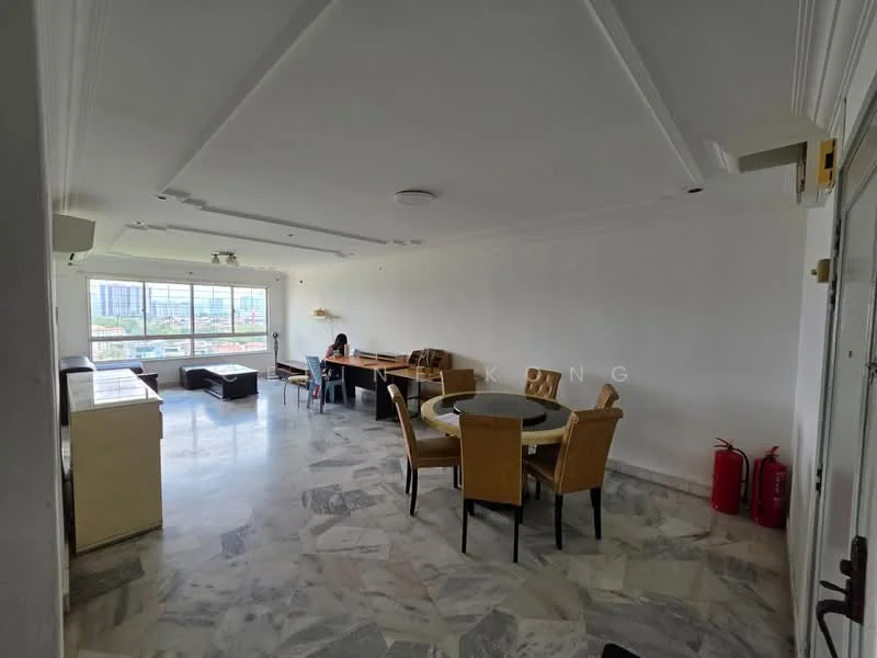 Living features: marble flooring, white painted walls, tray ceiling, floor-to-ceiling windows, round dining table, upholstered dining chairs, 4-seater dining table, sofa, coffee table, fire extinguisher, open layout; style: modern; view: city.