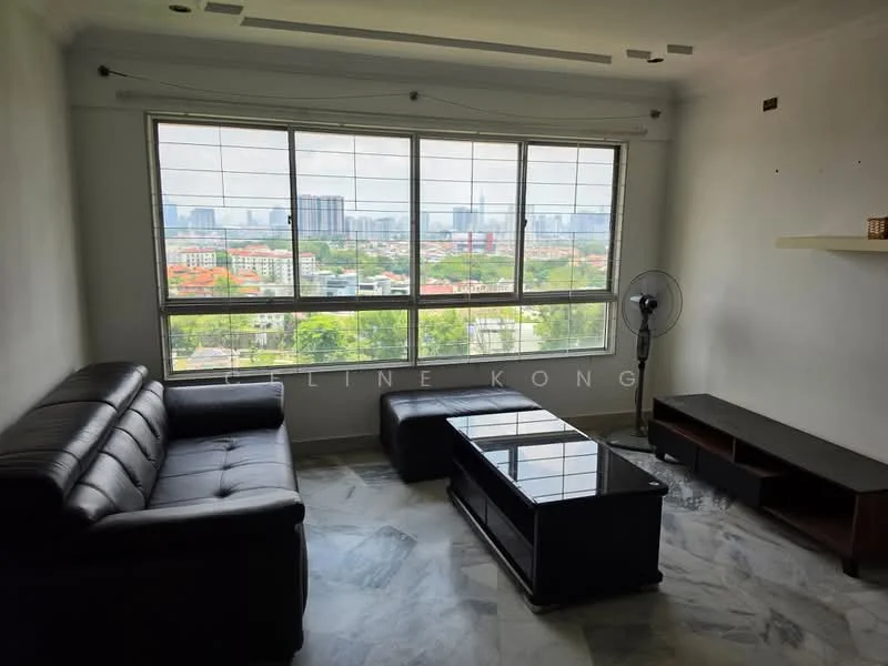 Living features: black leather sofa, glass coffee table, wooden TV console, floor-to-ceiling windows, city view, marble flooring, ceiling fan, white painted walls; style: modern; view: city.