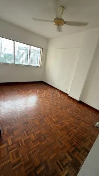 Room features: wooden flooring, white painted walls, ceiling fan, large windows, city view; view: city.