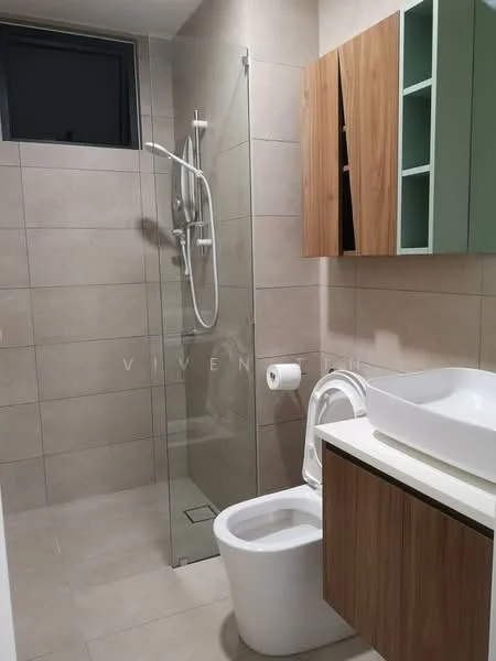 Bathroom features: glass shower enclosure, rain shower head, handheld shower, white ceramic toilet, single-sink vanity with wood cabinet, white countertop, wall-mounted storage cabinets in wood, grey tiled walls, light grey tile flooring, mirror above sink; style: modern.