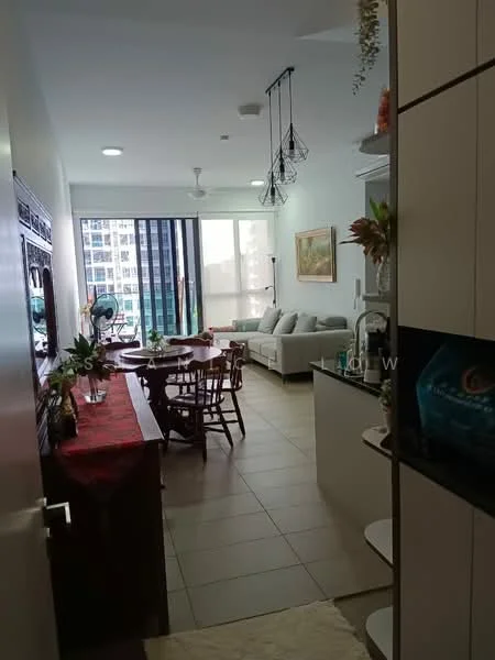 Living features: light grey fabric sofa, wooden coffee table, dining table with wooden chairs, floor-to-ceiling windows, sliding glass door, ceiling fan, recessed downlights, decorative wall art, tile flooring, greenery visible through windows; style: modern; view: city. Room features: white painted walls, open layout, kitchen counter with bar stools.