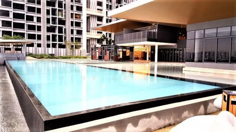 Exterior type: high-rise condominium; features: infinity pool, pool deck with loungers, landscaped garden, modern architectural design, glass facade, outdoor seating area, covered walkway, surrounding greenery; style: modern.