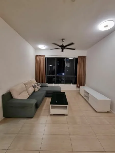 Living features: 3-seater fabric sofa in grey, coffee table with glass top, TV console in white, floor-to-ceiling windows, curtains in beige, ceiling fan with light, recessed downlights, tile flooring in beige; style: modern; view: city.