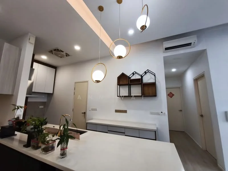 Kitchen features: white quartz countertop, kitchen island with seating, pendant lighting fixtures, wall-mounted cabinets, built-in oven, stainless-steel sink, chrome pull-down faucet, open shelving, recessed LED downlights, air conditioning unit, neutral wall color, wooden flooring; style: modern. Room features: light-colored walls, wooden flooring, doorway leading to hallway.