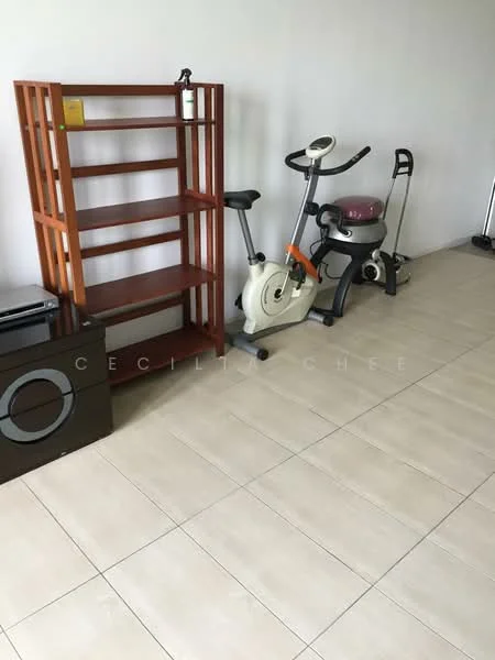 Room features: light-colored tiled flooring, wooden shelving unit, exercise bike, upright vacuum cleaner, storage cabinet, minimalist decor, neutral wall color; style: modern.