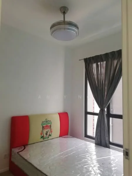 Bedroom features: single bed with red and cream headboard featuring logo, white painted walls, grey sheer curtains, black framed window, ceiling light fixture, mattress on bed frame, wooden flooring; style: modern.