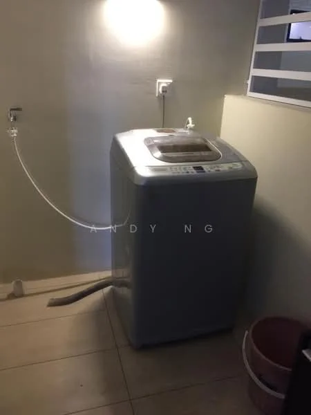 Laundry features: top-load washing machine in silver, water inlet hose, drain hose, tile flooring, light fixture on wall, neutral painted walls.