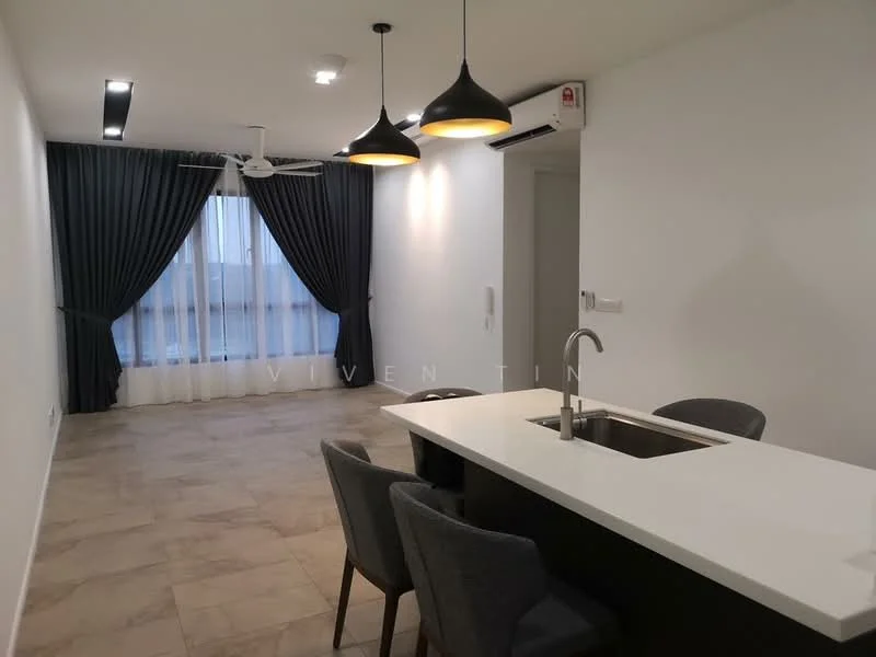 Living features: white painted walls, marble tile flooring, 5-blade ceiling fan with light, recessed downlights, floor-to-ceiling windows with sheer curtains, grey curtains, kitchen island with white countertop, stainless-steel sink, 2 grey upholstered dining chairs, wall-mounted air conditioning unit; style: modern; view: city.