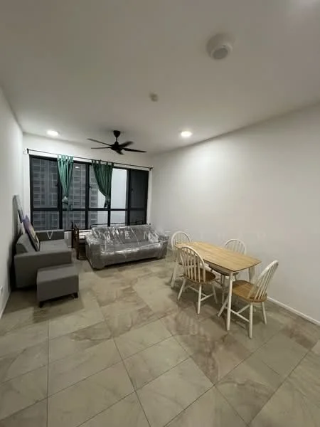 Living features: 3-seater fabric sofa in grey, dining table with 4 chairs, ceiling fan, floor-to-ceiling windows, green curtains, tile flooring, light fixtures, neutral painted walls; style: modern; view: city.