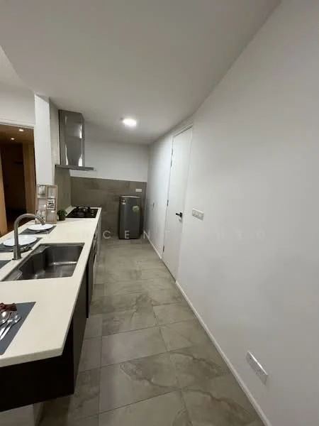 Kitchen features: single-bowl stainless-steel sink, chrome pull-down faucet, granite countertop, white cabinetry, built-in oven, freestanding range oven, stainless-steel fridge, tile flooring, recessed downlights, white painted walls; style: modern.