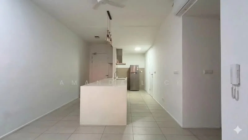 Kitchen features: white painted walls, tile flooring, island countertop, stainless-steel fridge, ceiling fan, hanging pendant lights, open layout, built-in cabinetry; style: modern. Room features: white painted walls, tile flooring.