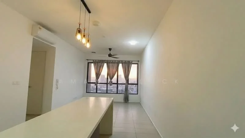 Living features: white painted walls, tile flooring, 5-blade ceiling fan, hanging pendant lights, floor-to-ceiling windows, sheer curtains, open layout, city view; style: modern; view: city.