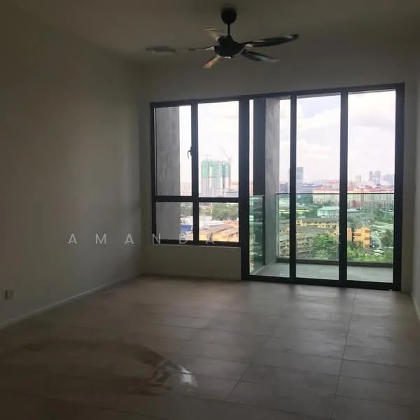 Room features: floor-to-ceiling windows, sliding glass door, 5-blade ceiling fan, light-colored wall, tile flooring, city view, corner window, natural light; style: modern; view: city.