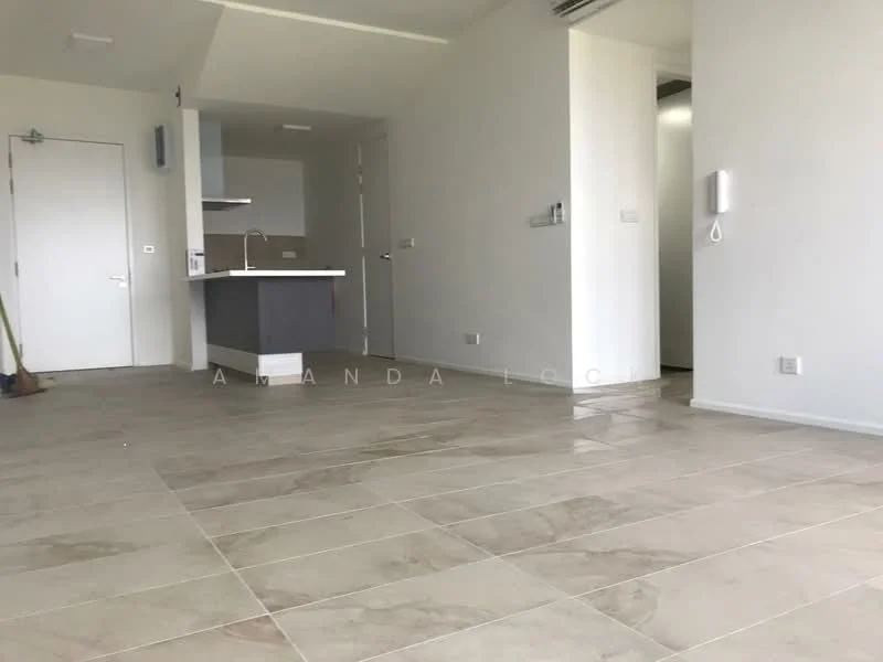 Room features: light grey tiled flooring, white painted walls, open kitchen layout, kitchen island, recessed ceiling lights, doorway leading to another room, wall-mounted intercom, floor-to-ceiling windows, neutral color scheme; style: modern.