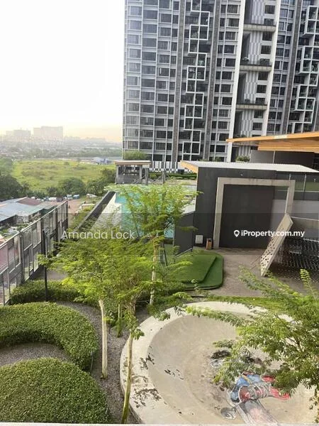 Exterior type: high-rise condominium; features: infinity pool, pool deck with loungers, landscaped garden with shrubs, children's playground, concrete pathway, green grass area, modern architectural design, surrounded by greenery; style: modern.