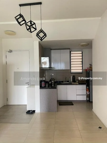 Kitchen features: white cabinetry, grey countertop, stainless-steel sink, chrome pull-down faucet, built-in oven, freestanding range oven, microwave, refrigerator, tile flooring, recessed downlights, pendant light fixture, window with blinds; style: modern.