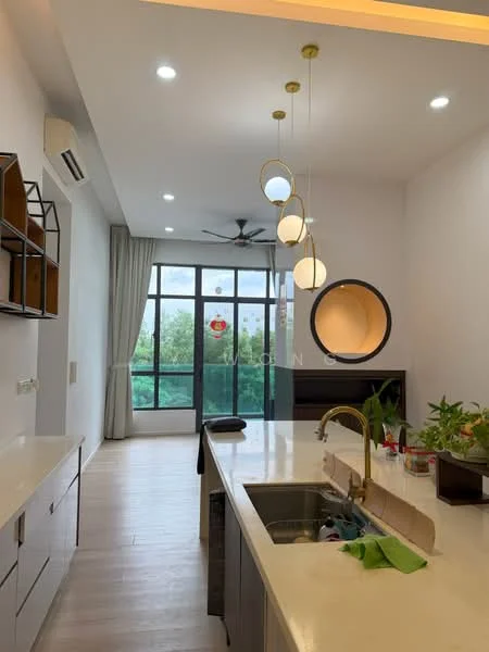 Kitchen features: white painted walls, light wood flooring, 5-blade ceiling fan with light, pendant lighting with multiple bulbs, single-bowl stainless-steel sink, chrome pull-down faucet, quartz countertop, open shelving, built-in cabinets, floor-to-ceiling windows, curtains, view of greenery; style: modern; view: garden.