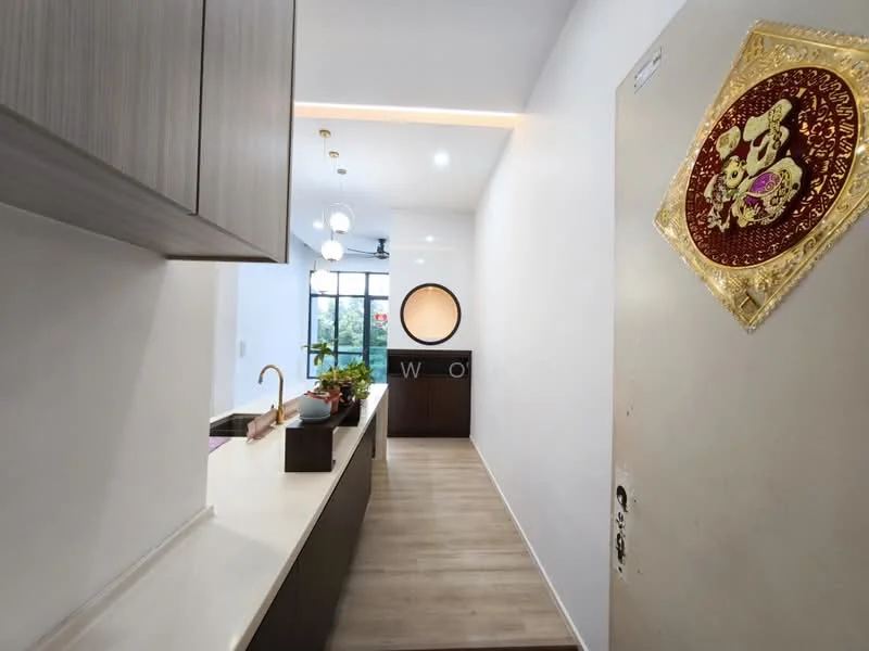 Room features: white painted walls, light wood flooring, recessed downlights, pendant light, kitchen countertop with sink, stainless-steel sink, modern cabinetry, round window, decorative wall hanging, open layout, view of greenery outside; style: modern; view: garden.