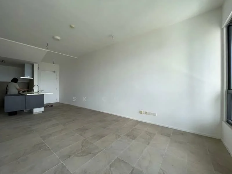Room features: white painted walls, large windows, tile flooring, open layout, kitchen island, recessed lighting, ceiling lights; style: modern.