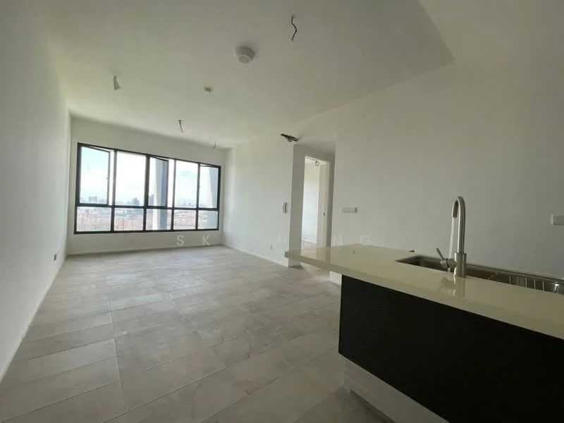 Living features: large floor-to-ceiling windows, neutral painted walls, tile flooring, recessed downlights, open layout, kitchen island with countertop, stainless-steel sink, modern cabinetry, city view, unfinished ceiling with exposed wiring; style: modern; view: city. Kitchen features: kitchen island, stainless-steel sink, neutral cabinetry, open layout to living area; style: modern.