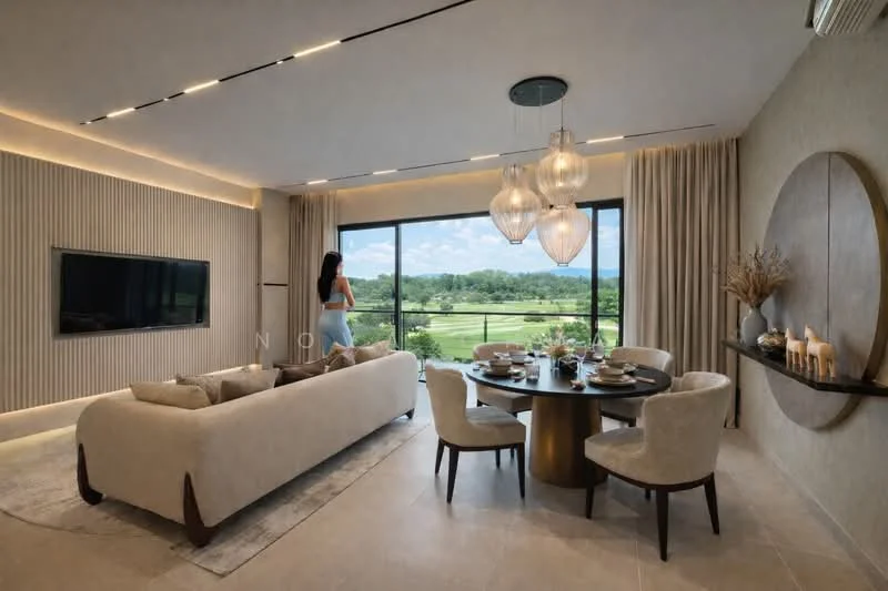 Living features: floor-to-ceiling windows, beige fabric sofa, round dining table, upholstered dining chairs, chandelier with multiple bulbs, recessed LED downlights, light-colored wall with vertical paneling, decorative wall art, area rug, curtains, view of greenery, TV mounted on wall; style: modern; view: garden.
