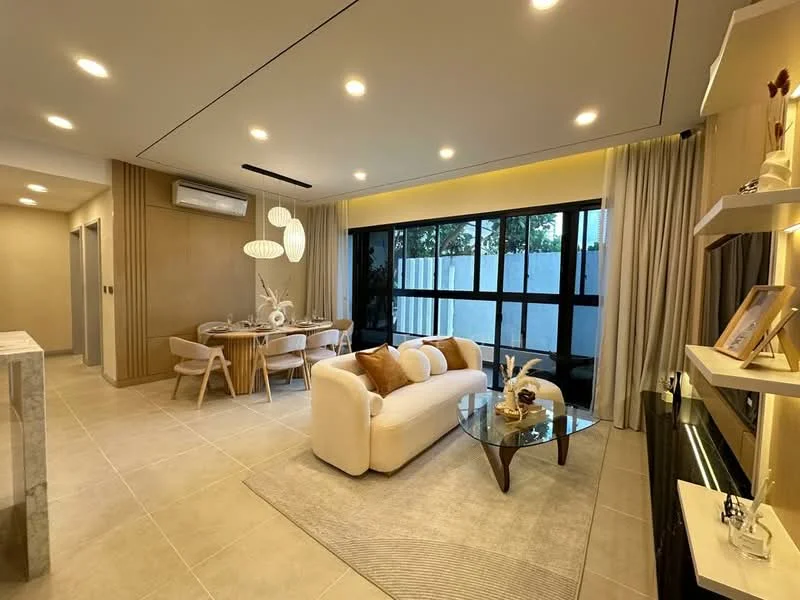 Living features: 3-seater fabric sofa in cream, glass coffee table, area rug with neutral color, wall-mounted TV, built-in shelving unit, recessed LED downlights, floor-to-ceiling windows, sheer curtains, decorative wall art, wood paneling on walls, light-colored tiled flooring; style: modern; view: garden. Dining features: 6-seater dining table, wooden dining chairs, decorative table setting, pendant lighting above table; style: modern; view: garden.