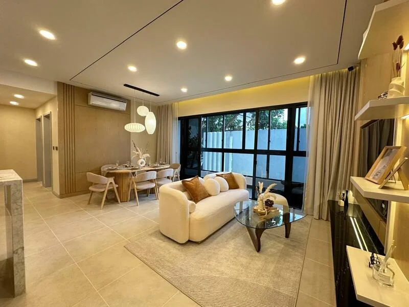 Living features: light-colored fabric sofa, glass coffee table, area rug, wall-mounted TV, built-in shelving unit, recessed LED downlights, large windows with sheer curtains, wood paneling on walls; style: modern; view: garden. Dining features: round dining table, light-colored dining chairs, decorative centerpiece, wall-mounted lighting, wood paneling, large windows; style: modern; view: garden.