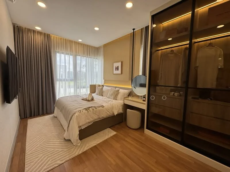 Bedroom features: king-size bed with upholstered headboard, white bedding with decorative pillows, nightstand with lamp, built-in wardrobe with glass doors, dressing table with round mirror, floor-to-ceiling windows, sheer curtains, wooden flooring, area rug with geometric pattern, wall-mounted TV; style: modern; view: garden.